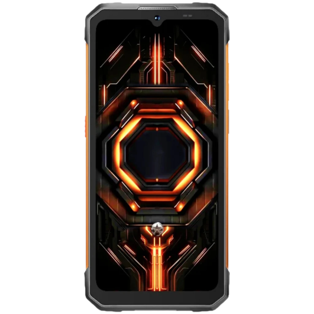 Hotwav Cyber 17 4G naranja con marco robusto, bordes reforzados y pantalla frontal con diseño futurista en tonos negro y naranja, estilo industrial resistente