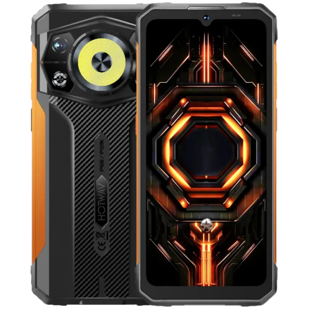 Hotwav Cyber 17 naranja con cuerpo rugerizado, bordes reforzados y acentos en negro; módulo trasero con aro LED grande y pantalla con patrón hexagonal rojo