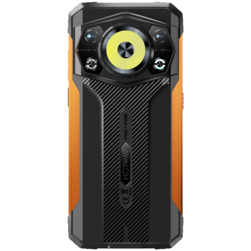 Hotwav Cyber 17 naranja con panel trasero robusto negro y naranja, textura de fibra de carbono, gran anillo de luz central y cámaras traseras múltiples