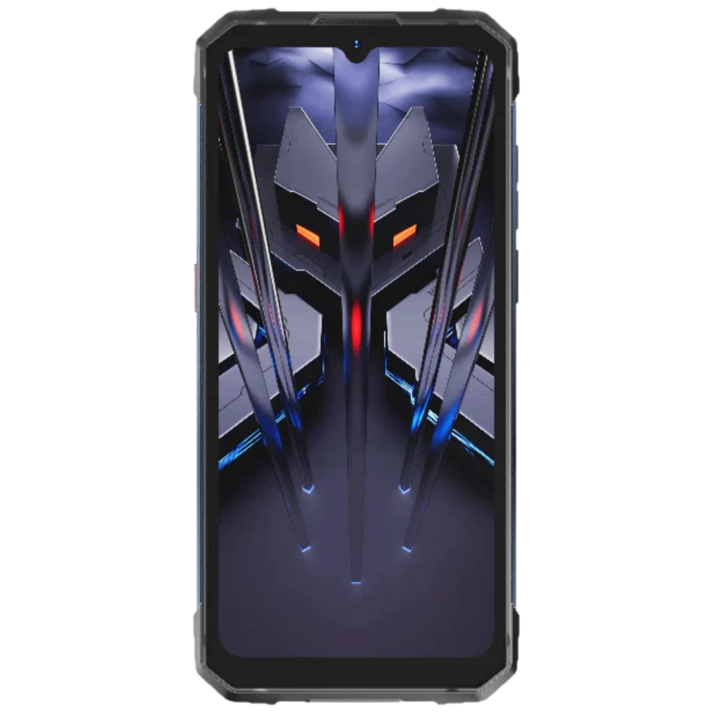 Smartphone negro robusto con pantalla frontal sin marcos visibles, biseles reforzados y notch central; diseño gaming con luces rojas y azules en el fondo