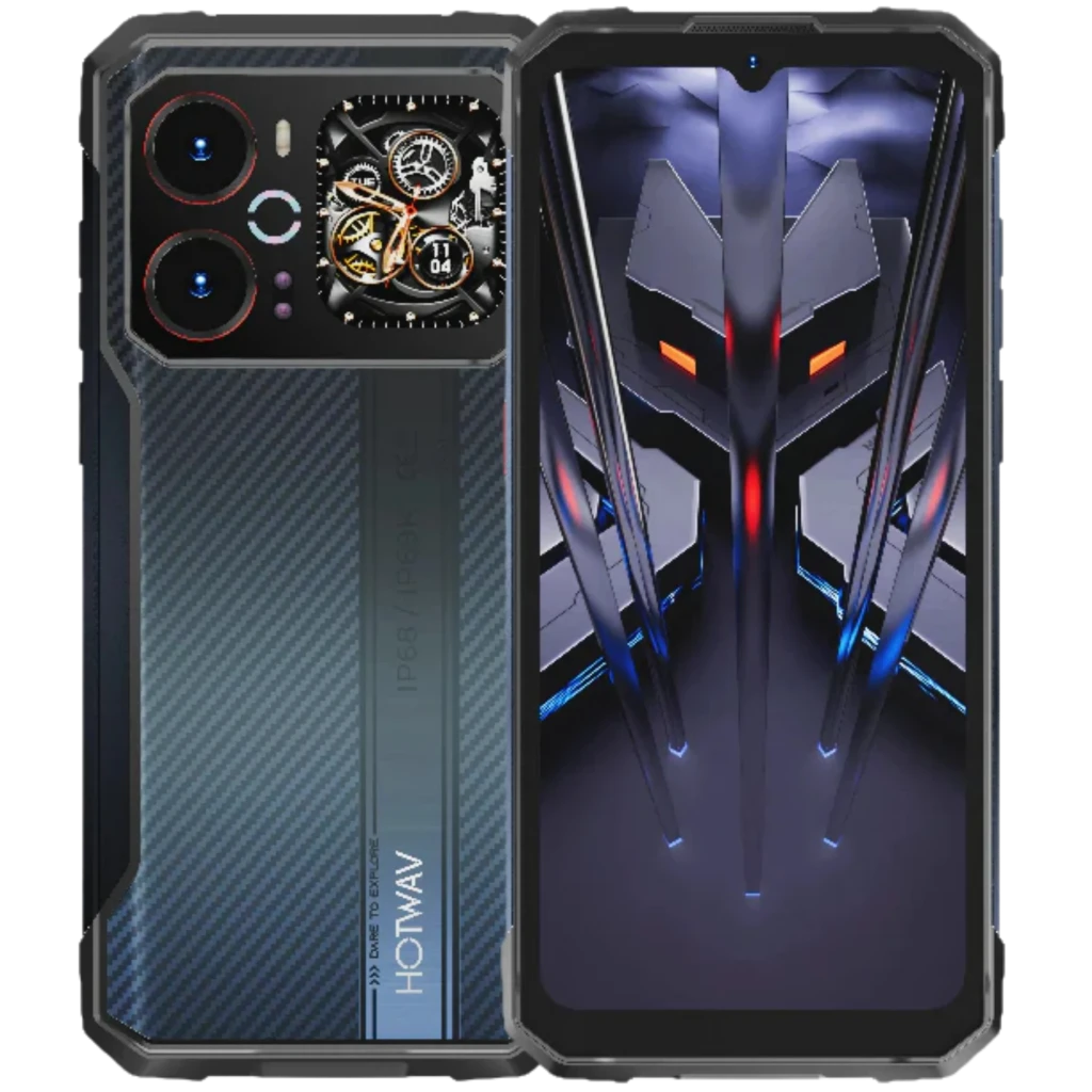 Hotwav Cyber 18 4G negro con diseño rugerizado, módulo de cámara dual grande, detalle mecánico decorativo y pantalla 120 Hz con biseles robustos