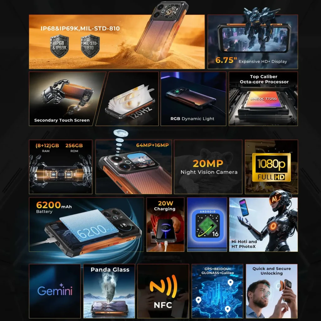 Hotwav Cyber 18 4G naranja con pantalla 6.75", módulo trasero con pantalla secundaria, luces RGB, triple cámara 64 MP, batería 6200 mAh, cuerpo robusto