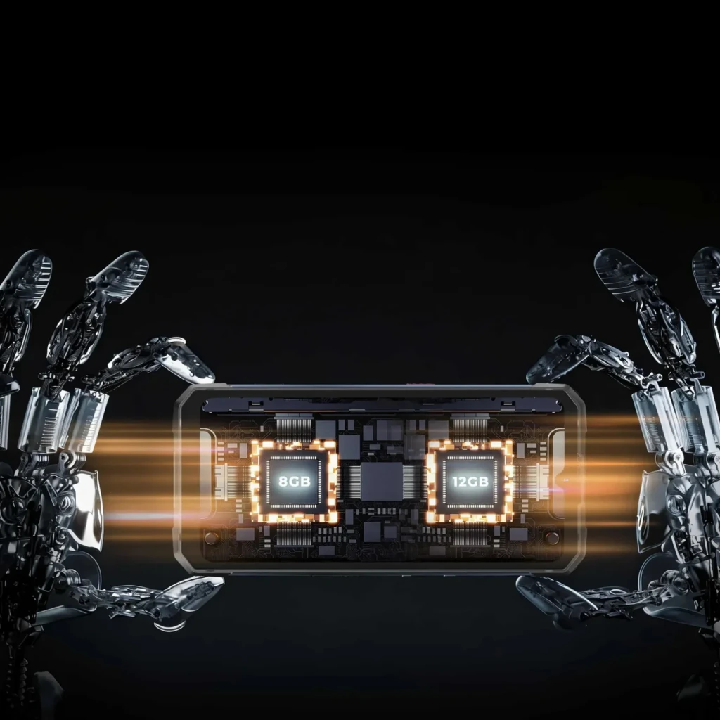 Hotwav Cyber 18 4G naranja mostrando hardware interno con dos módulos de memoria iluminados 8GB y 12GB y efecto de velocidad futurista en negro brillante