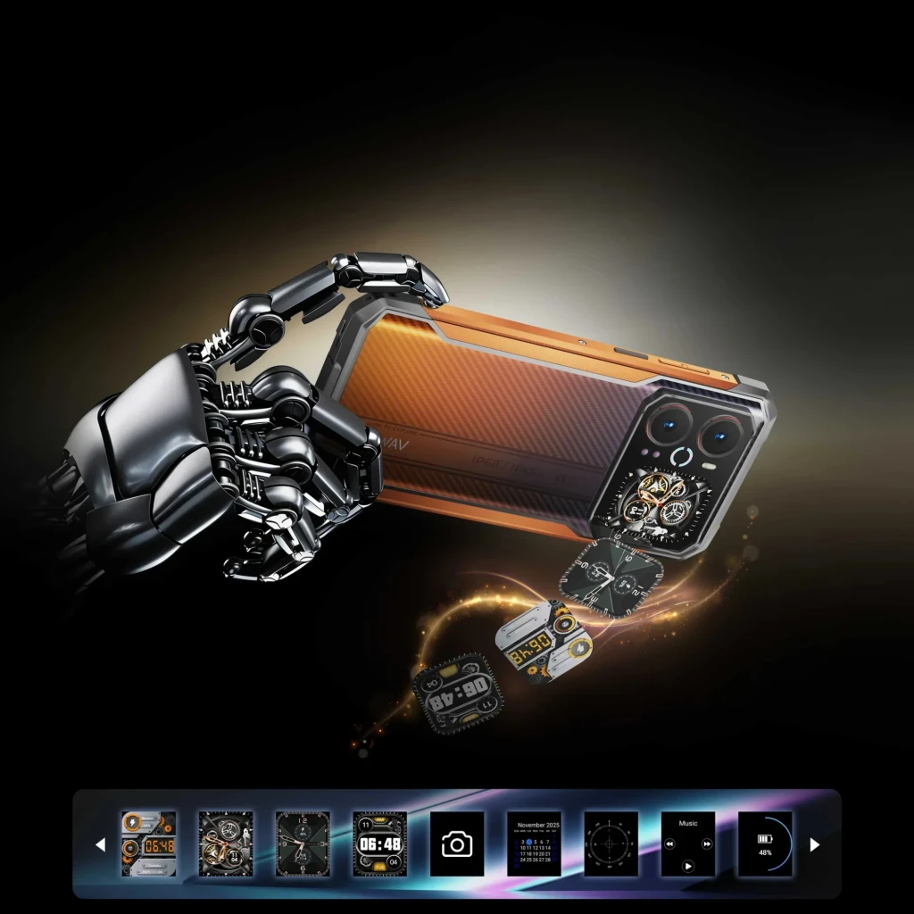 Hotwav Cyber 18 4G en naranja con diseño robusto, doble cámara trasera, detalles mecánicos estilo reloj y ranura para microSD; estética futurista y