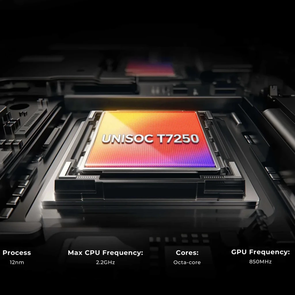 Chip UNISOC T7250 sobre placa negra, proceso 12 nm, CPU 2.2 GHz octa core y GPU 850 MHz, resaltado con iluminación tecnológica y bordes metálicos