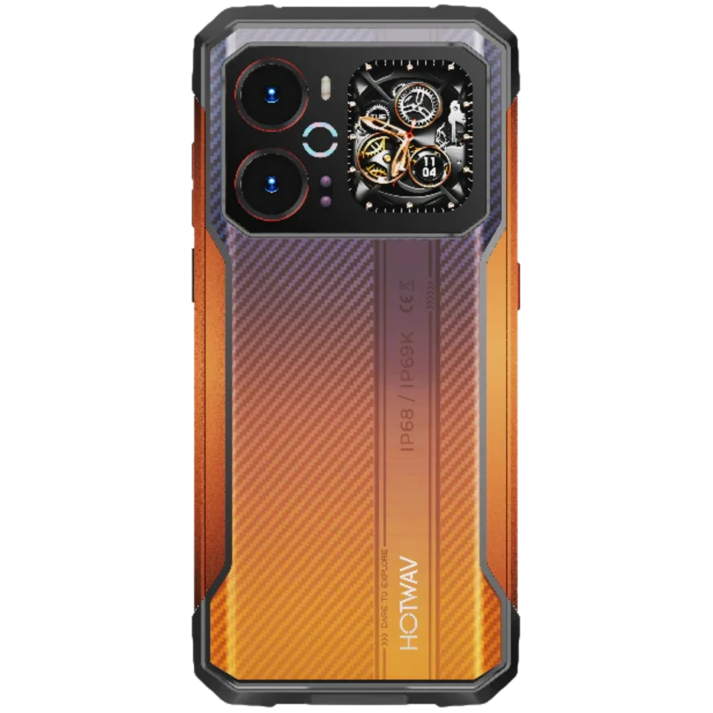 Hotwav Cyber 18 4G naranja con carcasa robusta IP68 IP69K, trasera metálica degradada, doble cámara grande y módulo decorativo tipo reloj, 256 GB, 8 GB,
