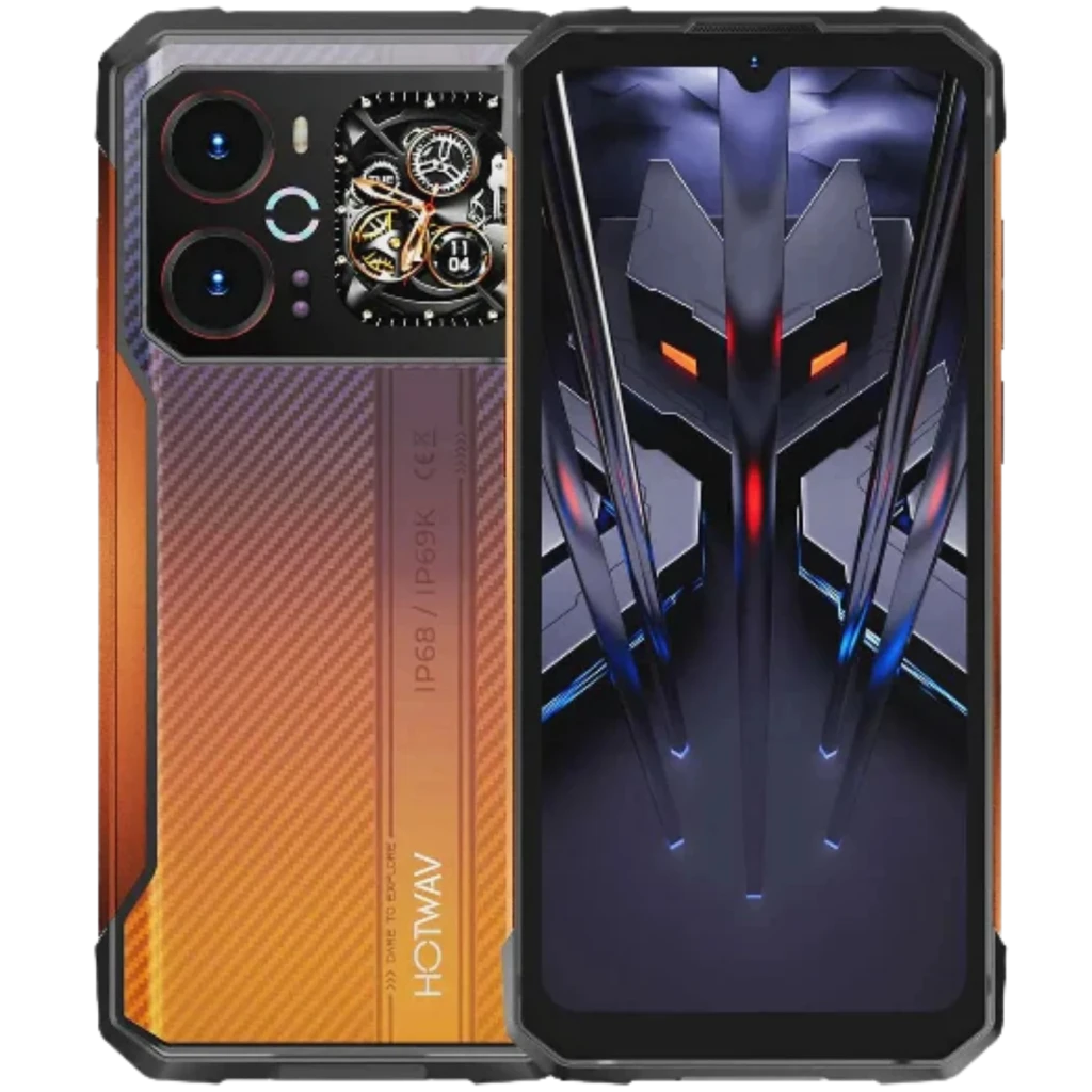 Hotwav Cyber 18 4G naranja con diseño robusto IP68 IP69K, cuerpo texturizado, cámara dual con módulo visible tipo engranajes y pantalla grande de bordes