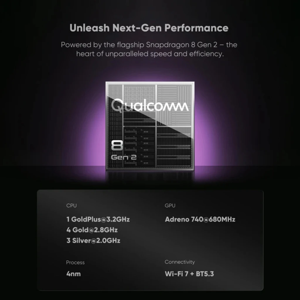 Chip Qualcomm Snapdragon 8 Gen 2 iluminado en violeta, con especificaciones destacadas: CPU 1+4+3 núcleos, GPU Adreno 740, proceso 4 nm, Wi‑Fi 7 y BT 5.3