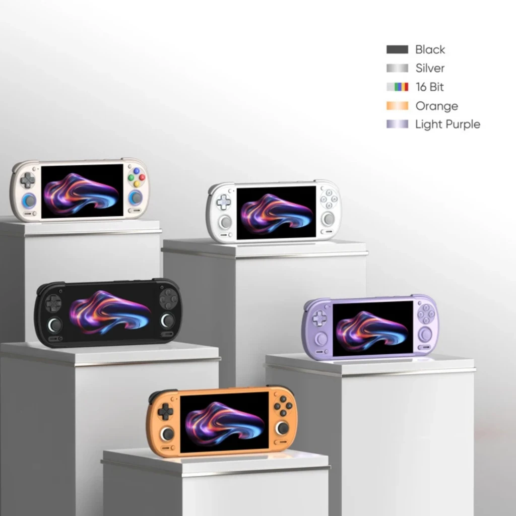 Retroid Pocket 6 Stick TOP 8GB/128GB AMOLED Negro con pantalla AMOLED, diseño portátil, sticks duales y botones frontales; se muestran varios colores