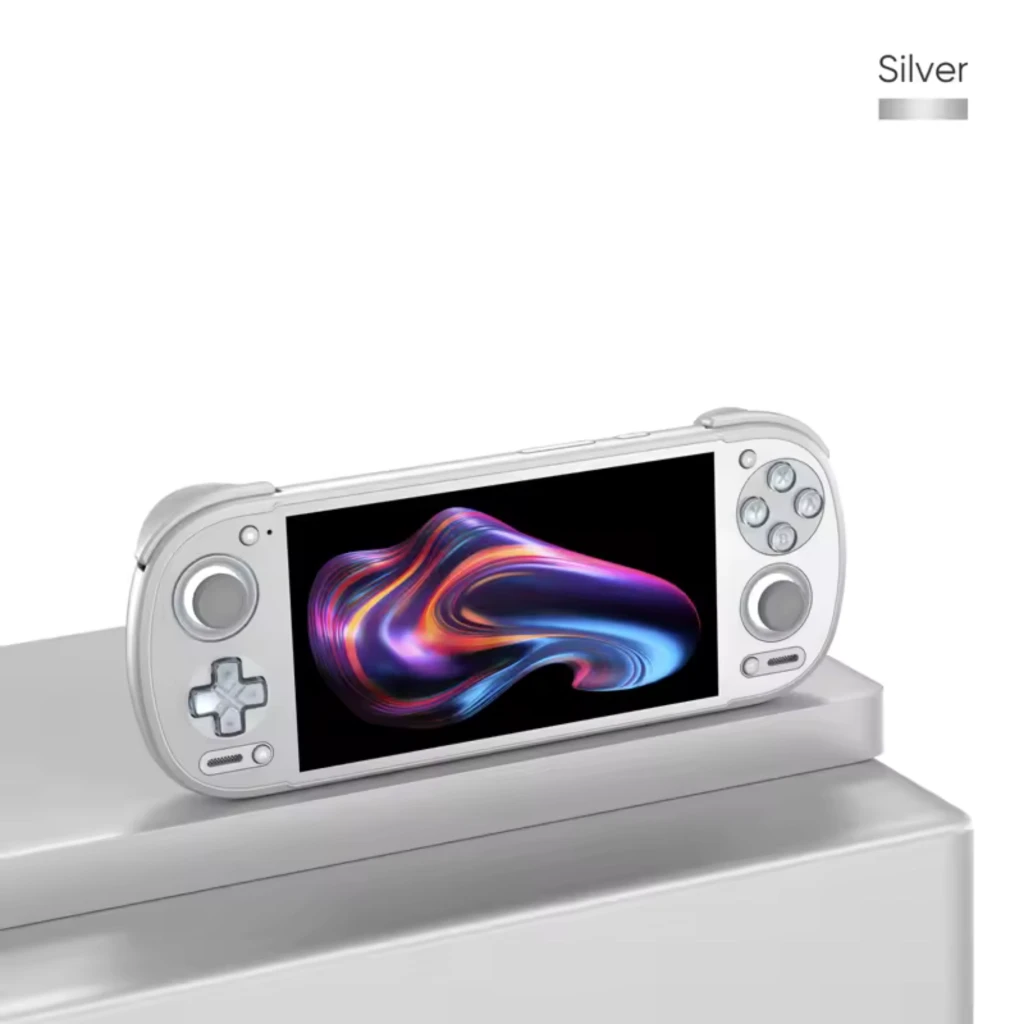 Retroid Pocket 6 Stick TOP 8GB/128GB AMOLED Negro en color plateado con pantalla AMOLED, cruceta izquierda, stick y botones ABXY a la derecha, diseño portátil