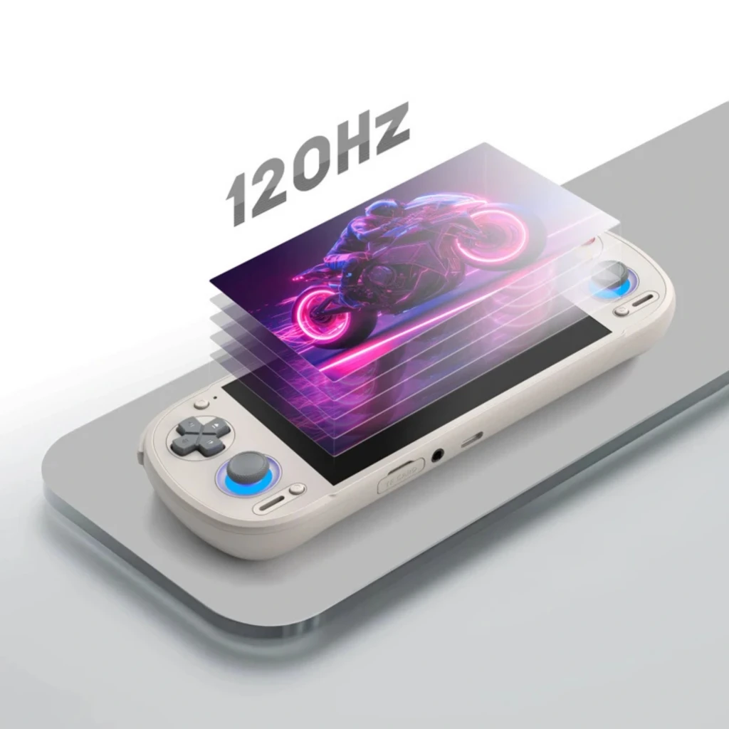 Retroid Pocket 6 Stick TOP 8GB 128GB AMOLED negro con pantalla 120Hz, diseño portátil beige, sticks azules, cruceta y gatillos, marco metálico elegante