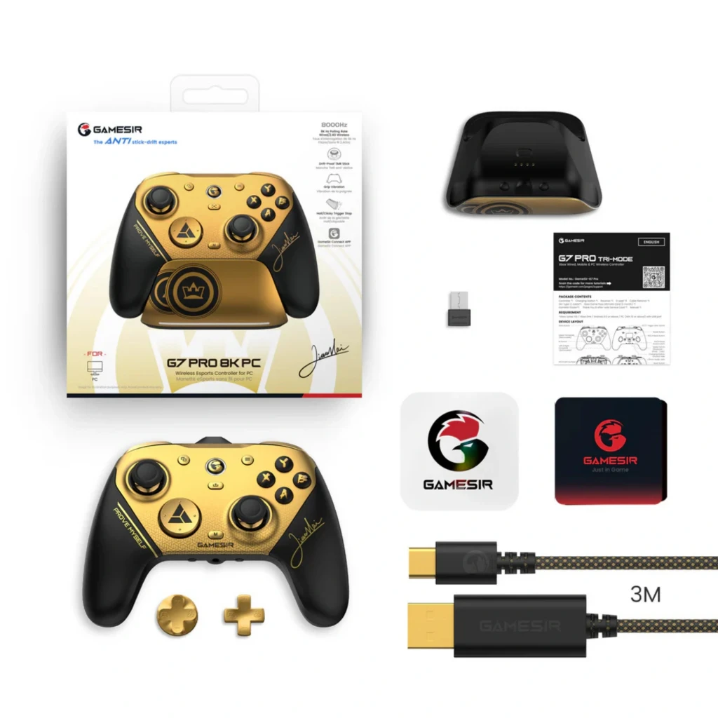 GameSir G7 Pro 8K Champion Edition en dorado y negro con joysticks y gatillos, base de carga, dongle USB, cable trenzado 3 m y cruceta intercambiable