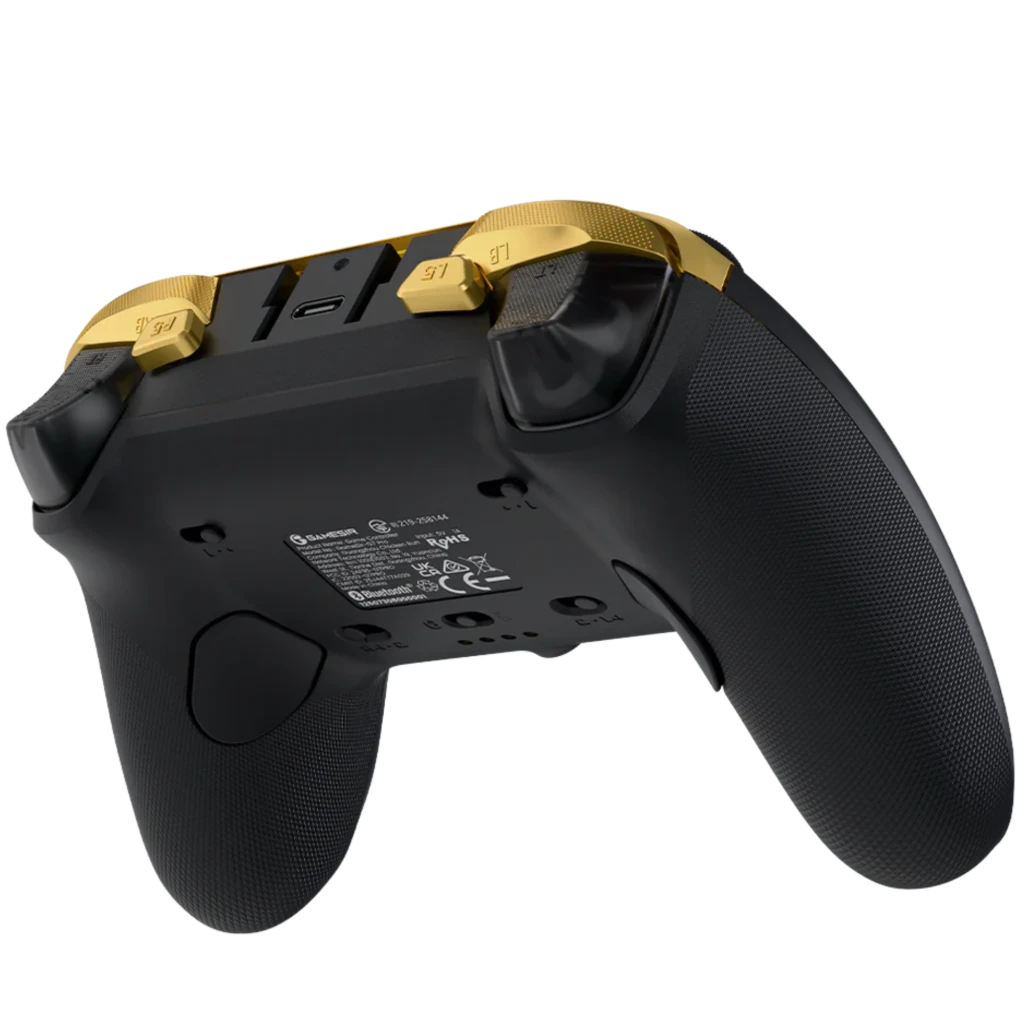 GameSir G7 Pro 8K Champion Edition Mando Inalámbrico PC con gatillos y bumpers dorados, agarre texturizado negro, puertos y botones traseros programables