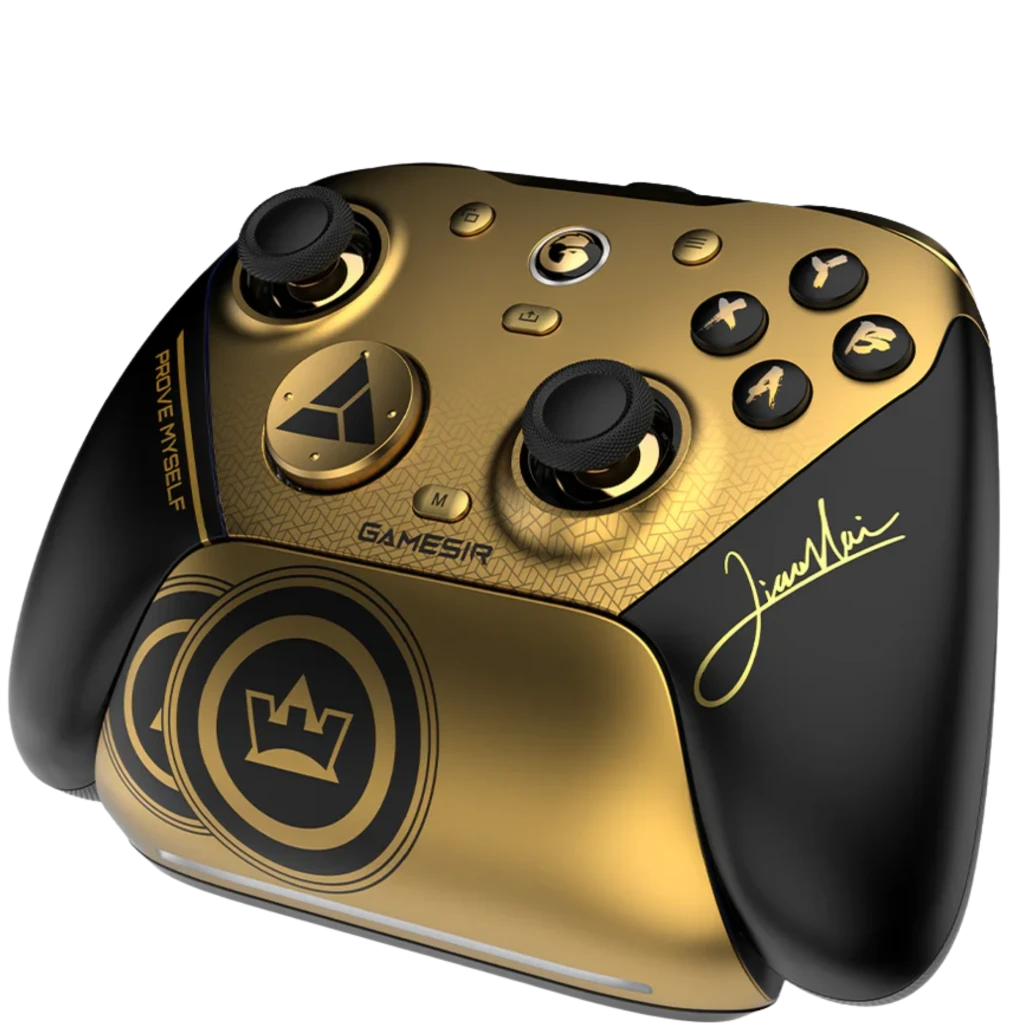 GameSir G7 Pro 8K Champion Edition Mando Inalámbrico PC en negro y dorado con firma, doble joystick, cruceta, botones ABXY y gatillos ergonómicos