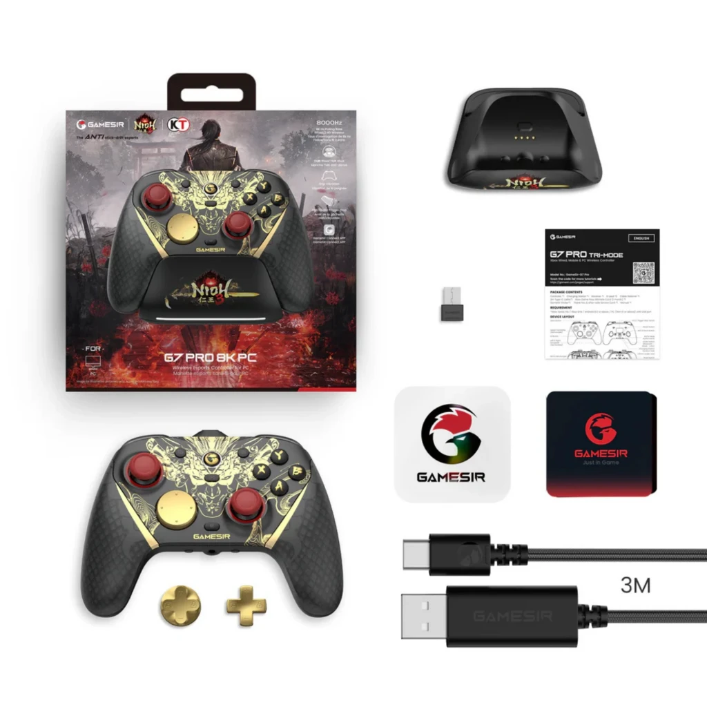 Mando GameSir G7 Pro Nioh 3 Edition negro con detalles dorados y rojos, botones intercambiables, base de carga, dongle USB, cable USB-C y manuales