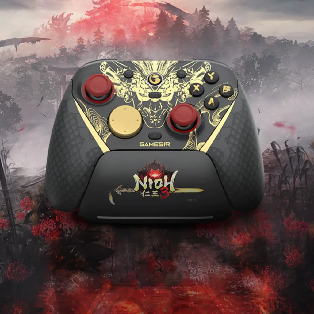 GameSir G7 Pro Nioh 3 Edition: mando inalámbrico negro con detalles dorados y rojos, arte samurái, joysticks rojos, botones ABXY, cruceta y agarre texturizado