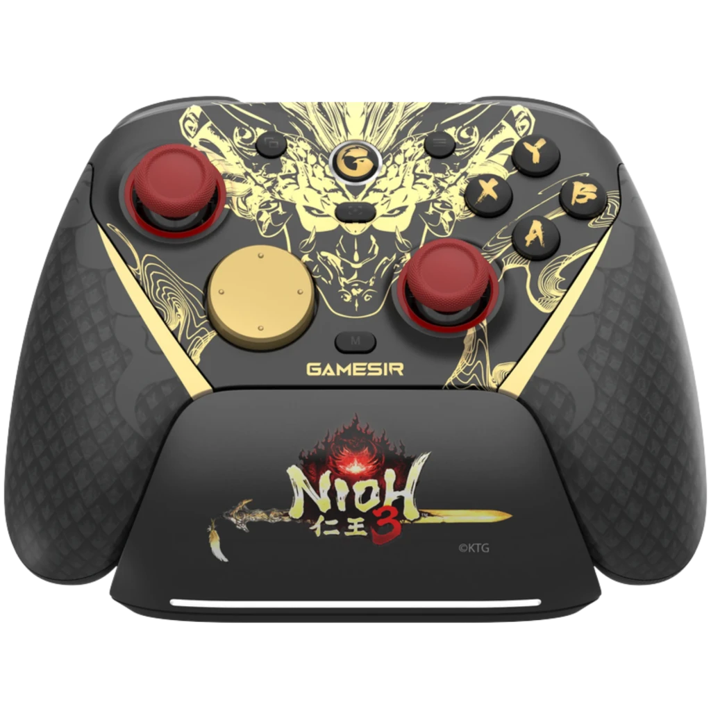 Mando GameSir G7 Pro Nioh 3 Edition negro con arte dorado de dragón, sticks rojos, cruceta dorada, botones ABXY negros y base con logo Nioh 3 y espada