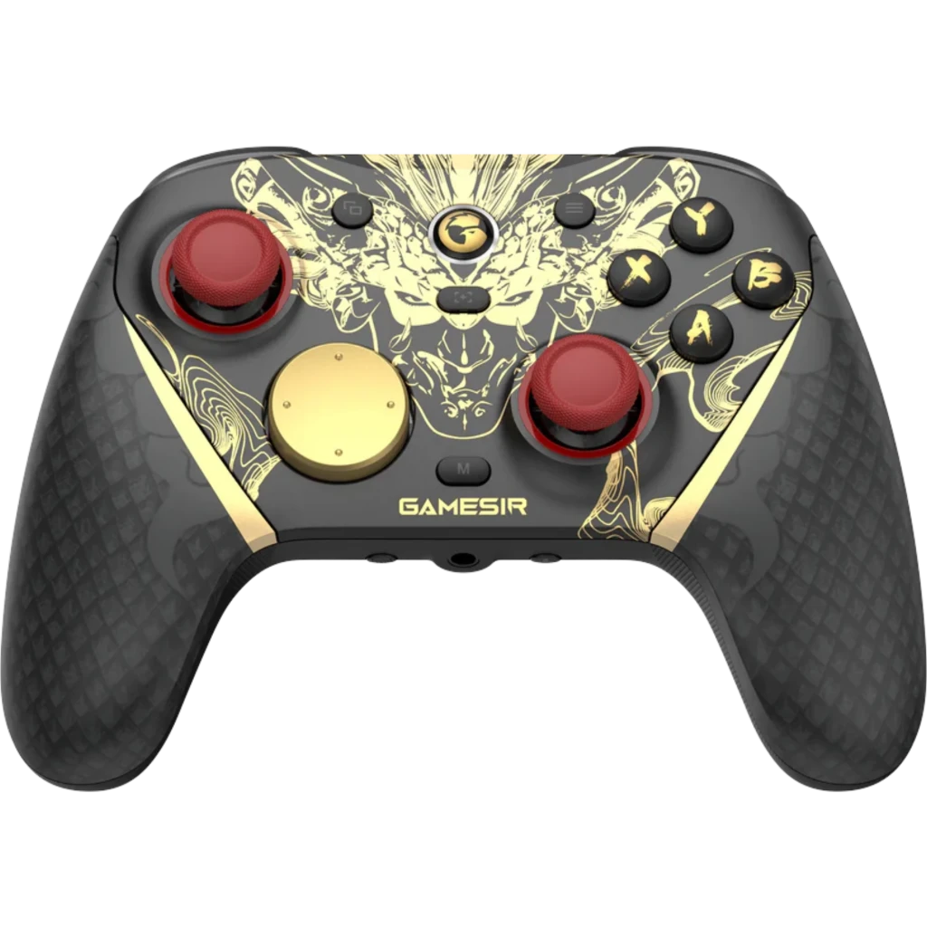 GameSir G7 Pro Nioh 3 Edition mando inalámbrico negro con arte dorado, sticks rojos, botones ABXY dorados, cruceta dorada y empuñaduras texturizadas