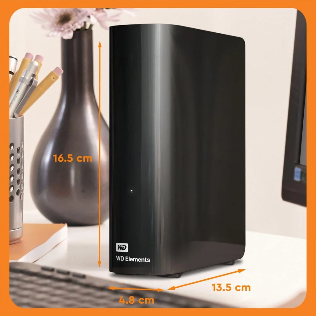 Western Digital WD Elements Desktop 20 TB HDD externo USB 3.2 negro, chasis brillante vertical con LED frontal, compacto 16.5 x 13.5 x 4.8 cm