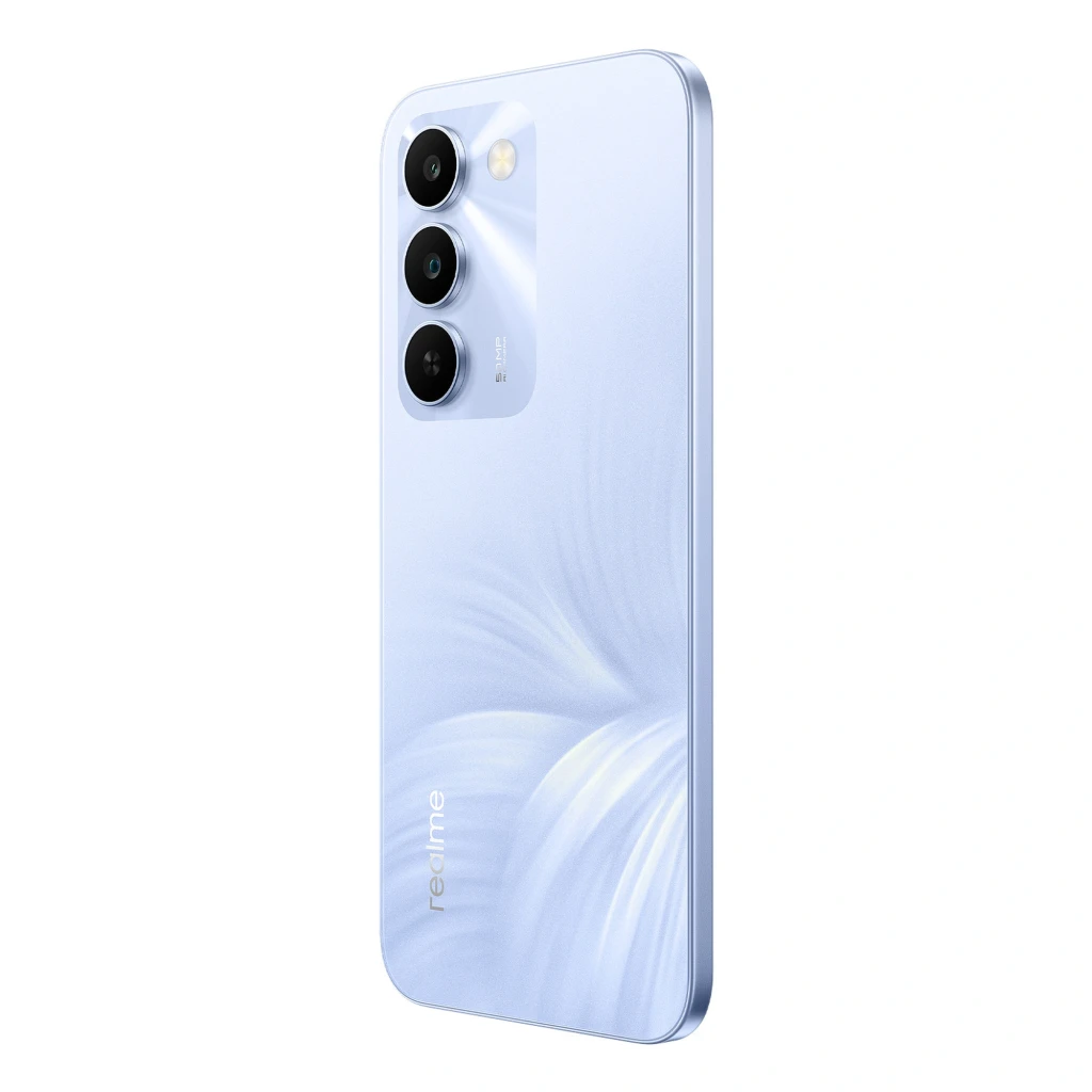 Realme C100 5G morado con trasera brillante efecto ondulado, módulo triple de cámaras y bordes planos; diseño elegante y moderno 256GB y 4GB RAM
