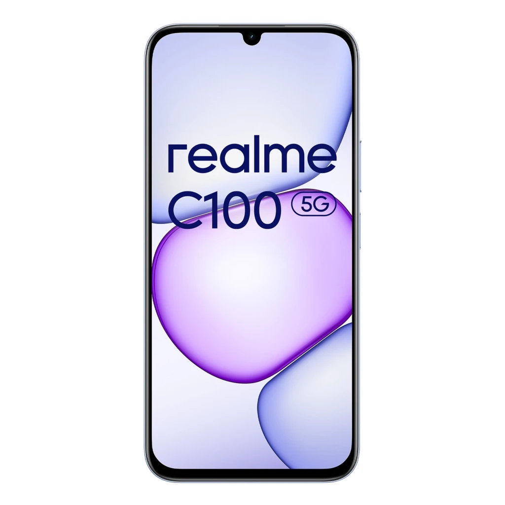 Realme C100 5G morado con pantalla amplia de bordes finos y notch en gota, frontal negro con logo realme C100 5G destacado en el display