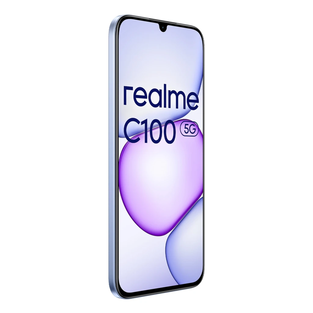 Smartphone Realme C100 5G morado con pantalla amplia de borde delgado, notch en gota centrado y marco lateral metálico; texto realme C100 5G en la pantalla