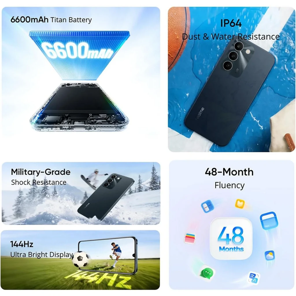Realme C100 5G 128GB morado con triple cámara 50 Mpx, pantalla 144Hz ultrabrillante, batería 6600 mAh, IP64 resistente al polvo y agua, grado militar