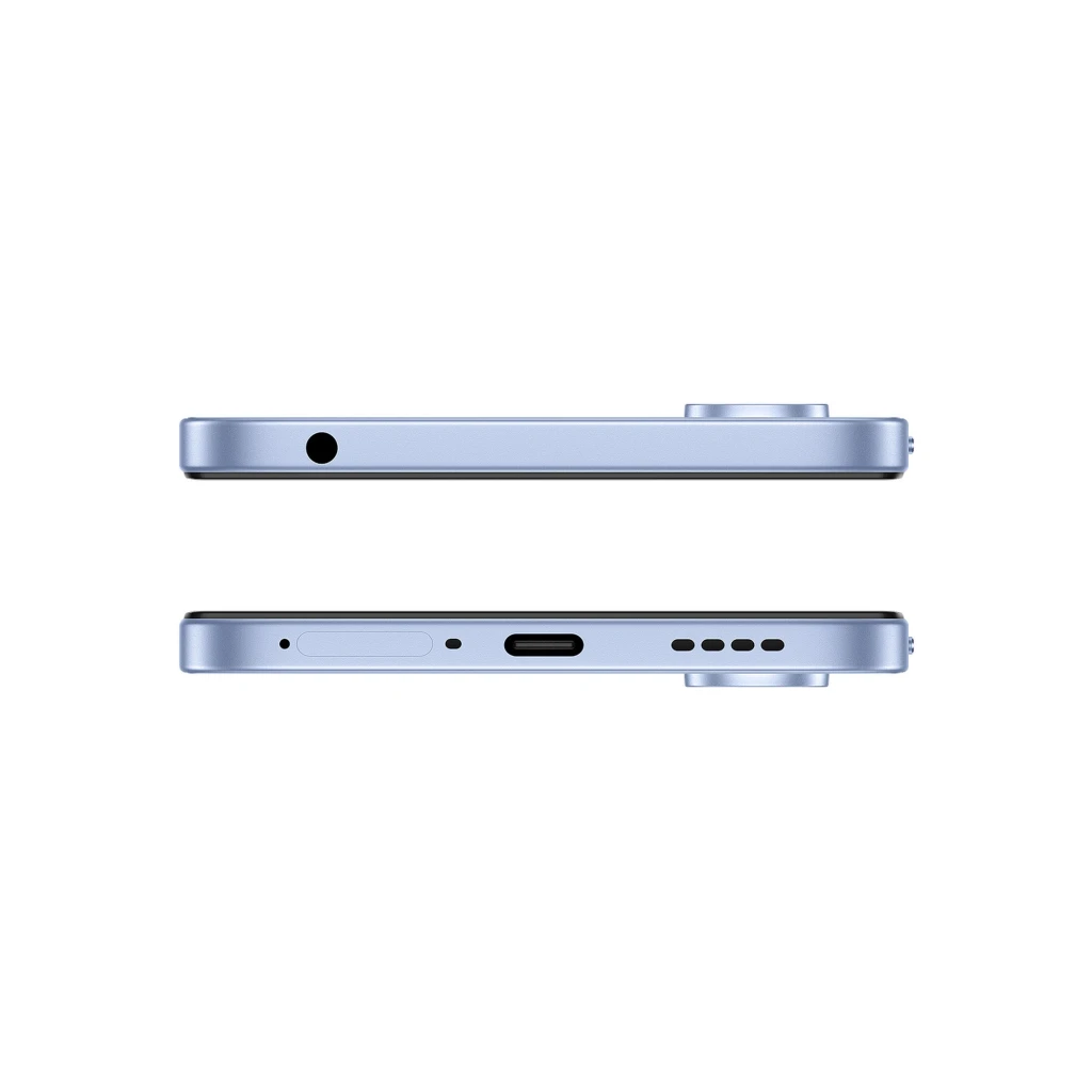 Bordes del Realme C100 5G en morado con puerto USB-C, altavoz, bandeja SIM y jack 3.5 mm; módulo de cámara trasera sobresaliente y diseño delgado