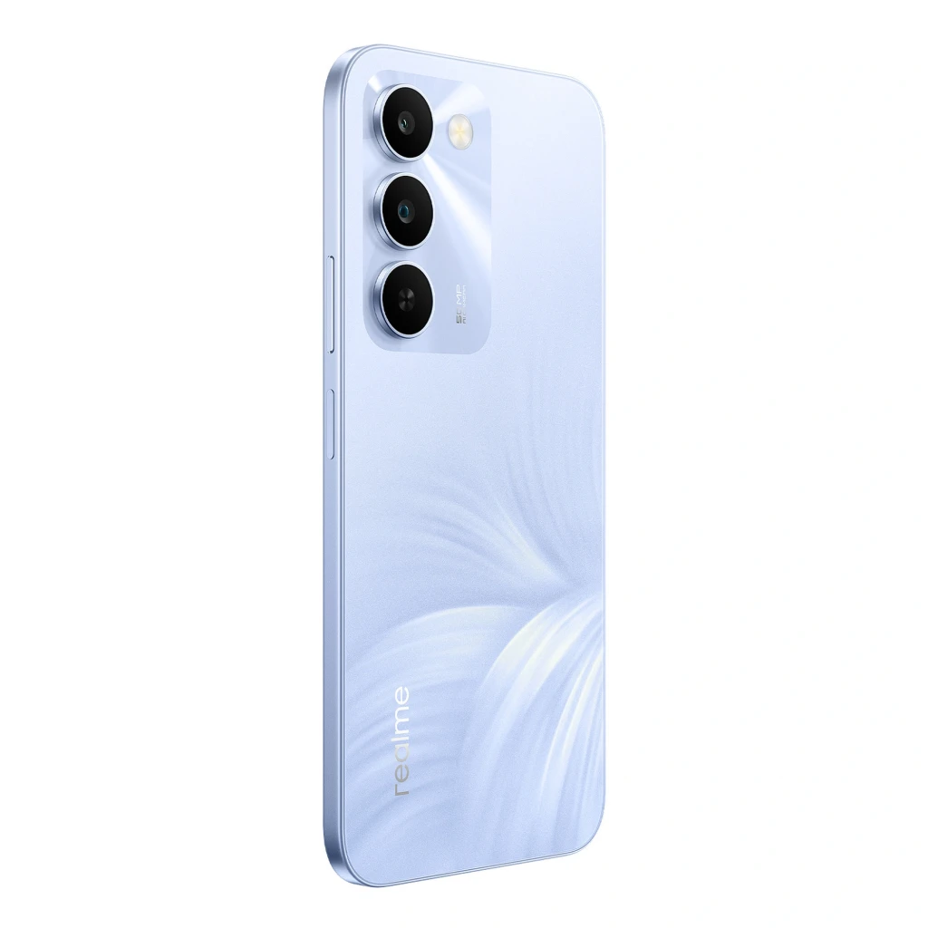 Realme C100 5G 128GB morado con diseño floral brillante, triple cámara trasera con sensor principal de 50 Mpx y bordes rectos elegantes