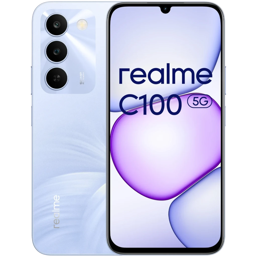 Realme C100 5G morado con pantalla notch en gota, módulo trasero triple con lente principal de 50 Mpx y acabado brillante; 128GB y 4GB de RAM visibles