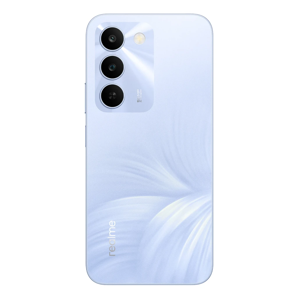 Realme C100 5G morado con tapa trasera efecto ondulado, módulo triple de cámaras y lente principal de 50 Mpx; diseño delgado con logo realme vertical