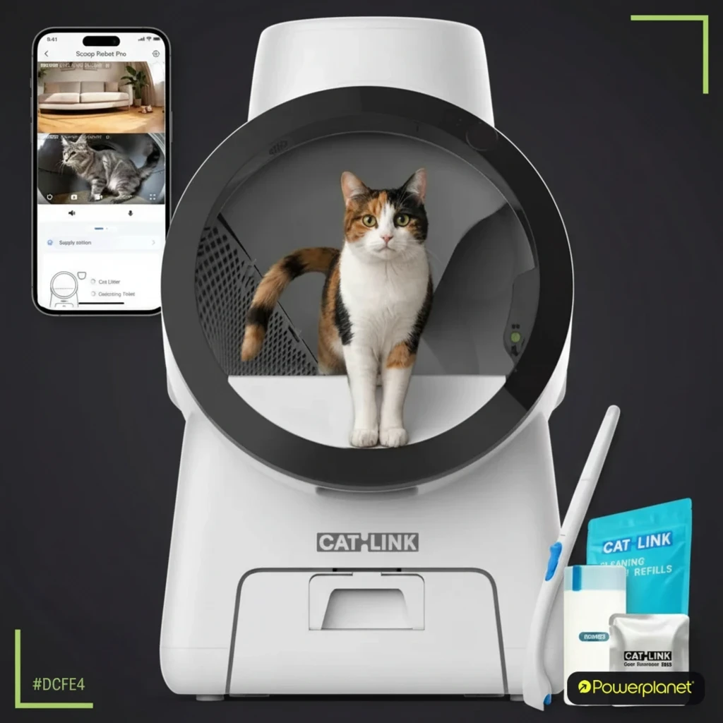Arenero autolimpiable blanco con tambor gris, gato dentro, app móvil mostrada en pantalla, pala incluida y recambio de bolsas CATLINK en paquete azul