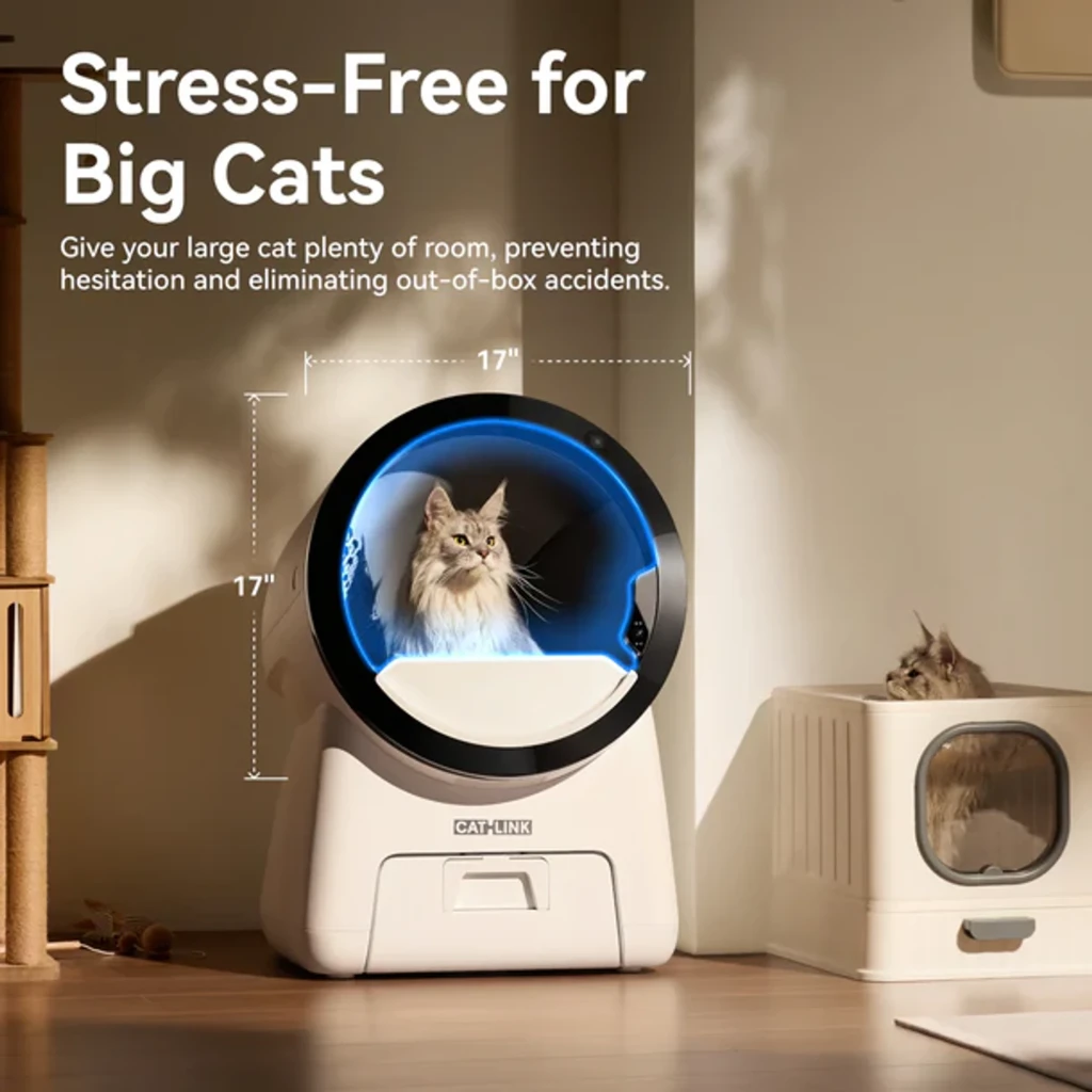 Arenero Autolimpiable CATLINK Scoop Robot Pro con cabina esférica amplia, entrada frontal iluminada azul, base blanca con pantalla y apto para gatos grandes