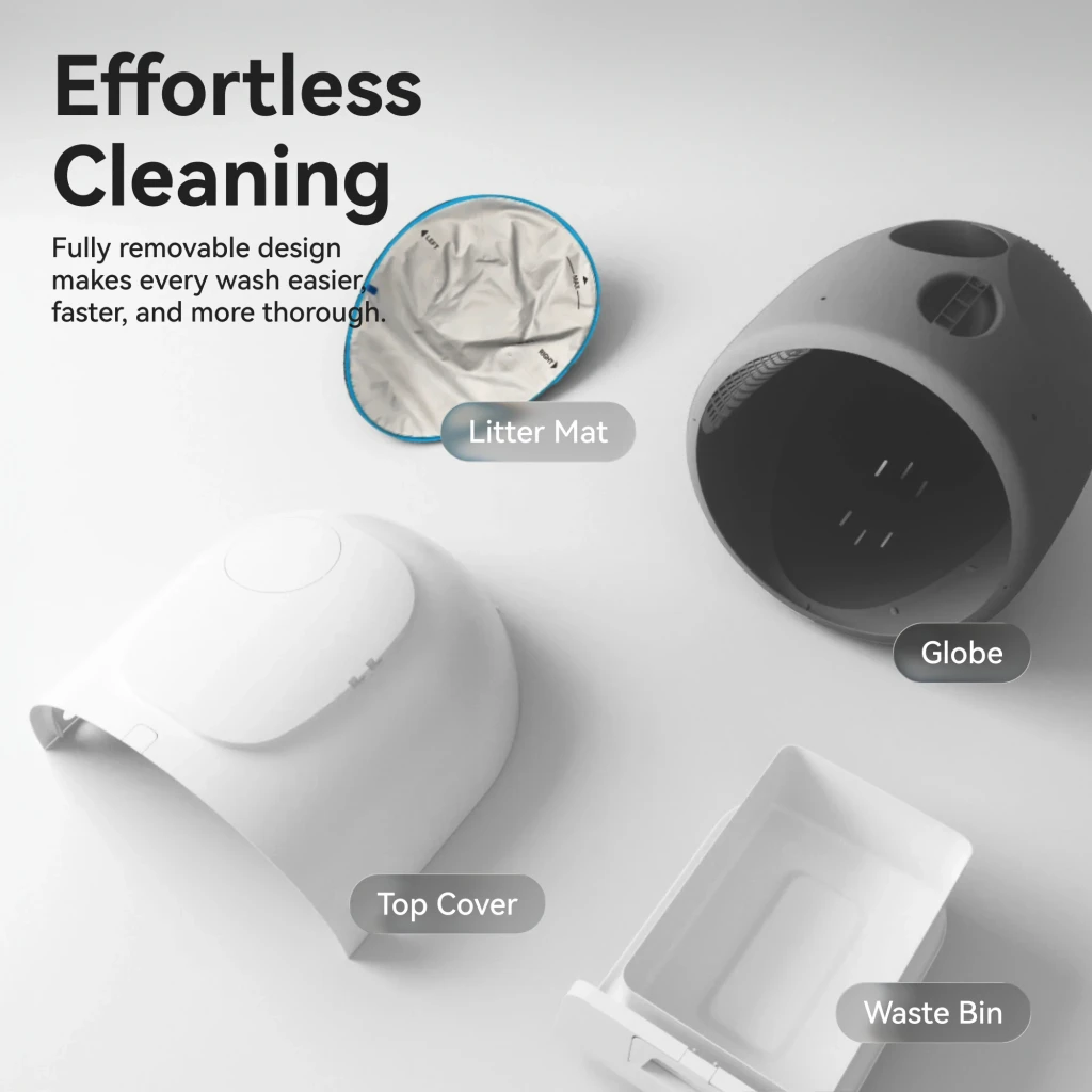 Arenero Autolimpiable CATLINK Scoop Robot Pro WiFi: cúpula esférica, tapa superior, bandeja de residuos y tapete desmontables para limpieza fácil y completa