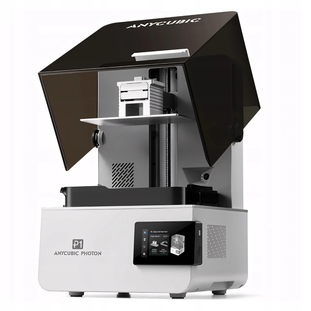 Impresora 3D Anycubic Photon P1 14K con pantalla táctil, cubierta ahumada abatible, eje Z robusto y cuba de resina; diseño blanco compacto y moderno