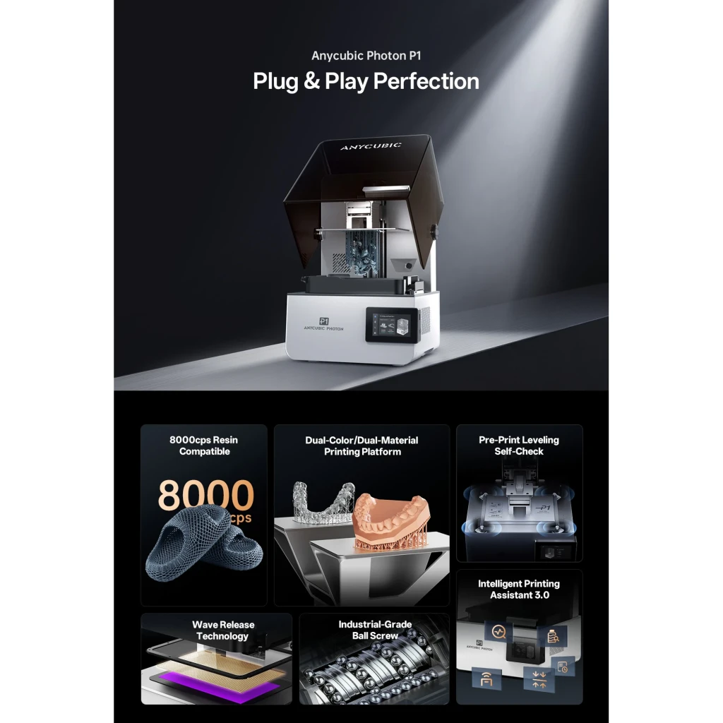 Anycubic Photon P1 14K MSLA con tapa oscura abatible, pantalla táctil frontal y chasis compacto; resalta plataforma dual y nivelación previa automática