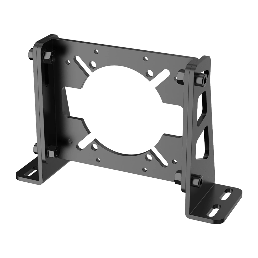 Soporte de montaje Moza Racing RS055 Front Mounting de aluminio negro, estructura robusta con orificios múltiples y tornillería, fijación frontal estable