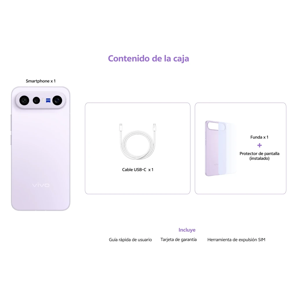 Vivo X300 FE 5G lila con triple cámara trasera y flash, acabado mate. Incluye cable USB-C, funda transparente y protector de pantalla instalado.