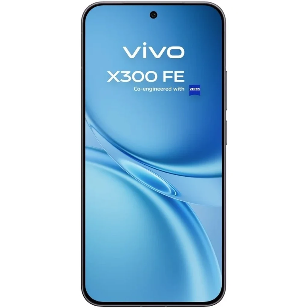 Vivo X300 FE 5G negro con pantalla completa perforada al centro, bordes delgados y logo Vivo X300 FE en frontal; diseño estilizado y moderno
