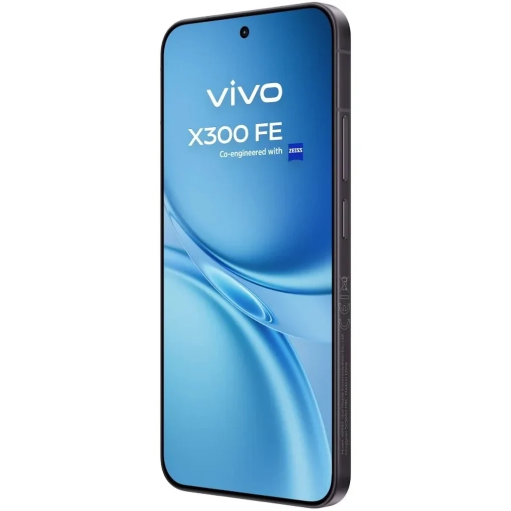 Vivo X300 FE 5G negro con pantalla casi sin bordes, perforación central y marco delgado; lateral con botones de volumen y encendido visibles