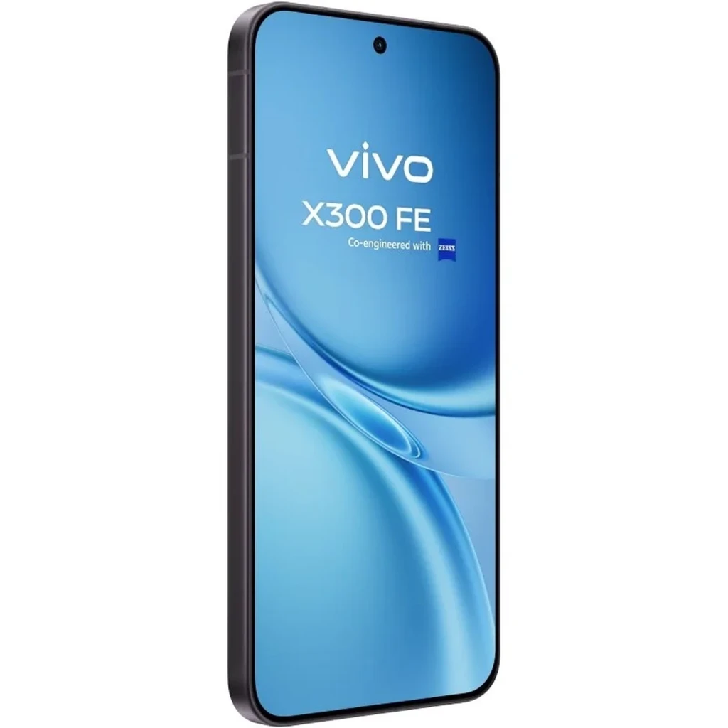 Vivo X300 FE 5G negro con pantalla curva casi sin bordes, cámara frontal en orificio central, diseño delgado y elegante, logotipo vivo y X300 FE visibles