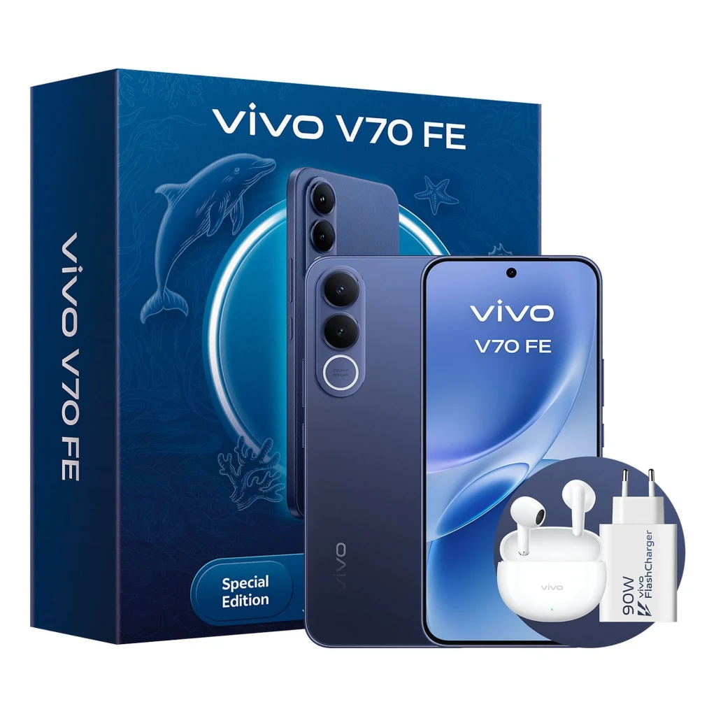Vivo V70 FE 5G azul con triple cámara trasera, pantalla perforada, caja edición especial, incluye cargador 90W y auriculares inalámbricos