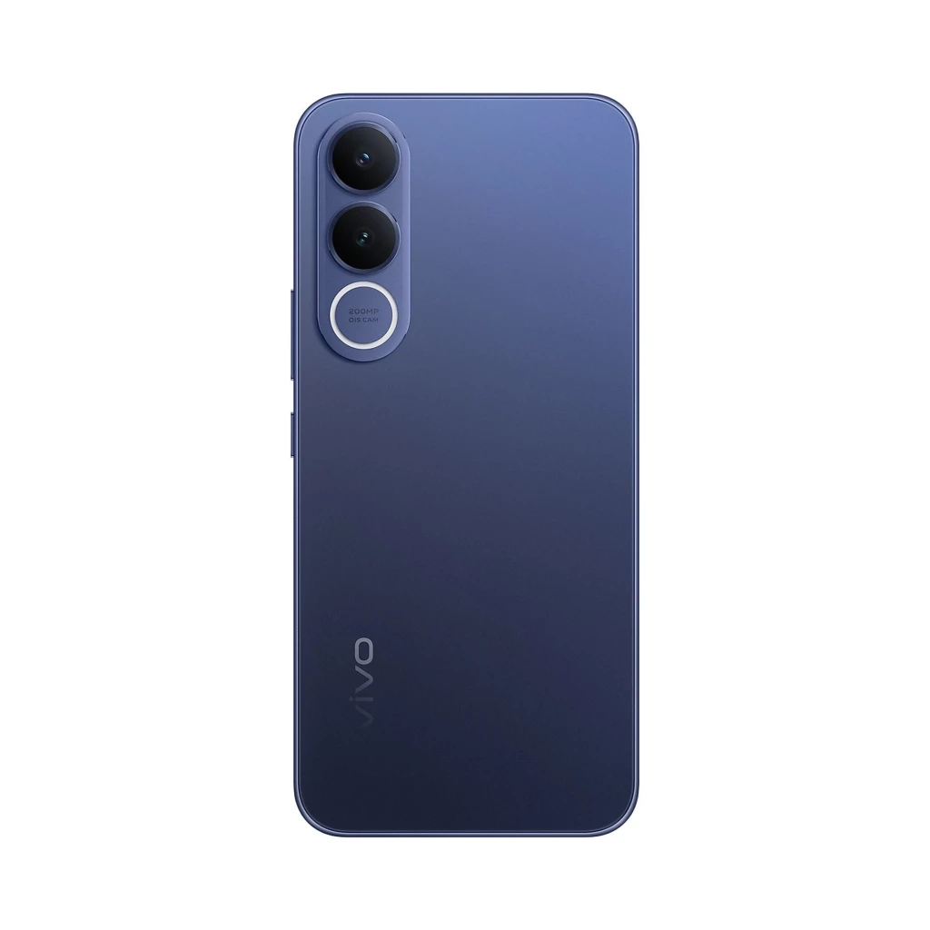 Vivo V70 FE 5G azul con doble cámara trasera vertical y aro plateado 200 MP, acabado mate elegante y logo vivo en la esquina inferior izquierda