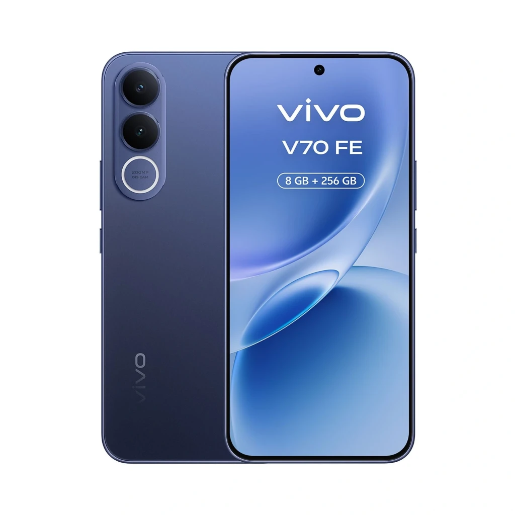 Vivo V70 FE 5G azul con pantalla completa, doble cámara trasera con anillo, frontal perforada centrada, 8GB+256GB visibles en pantalla, acabado mate elegante