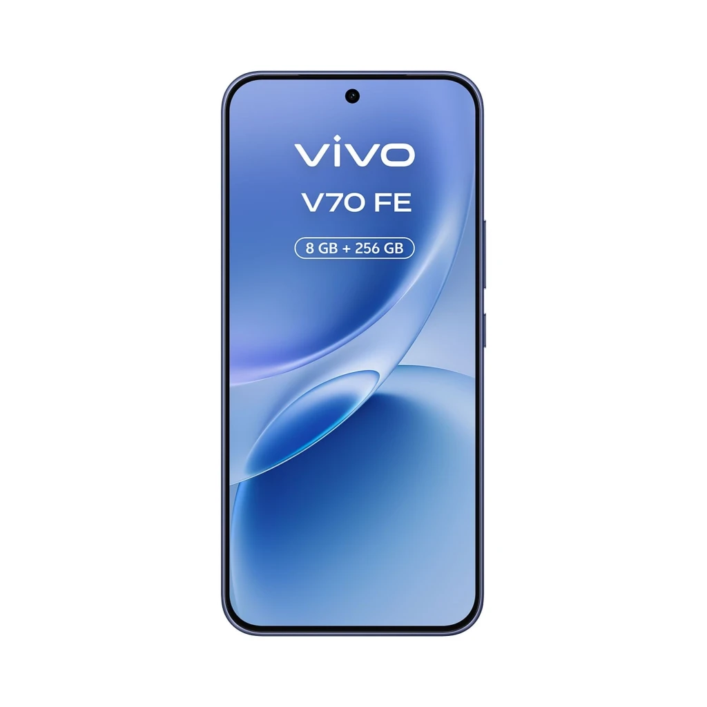 Smartphone azul Vivo V70 FE 5G con pantalla completa, cámara frontal centrada, biseles delgados, 8GB RAM y 256GB indicados en la pantalla