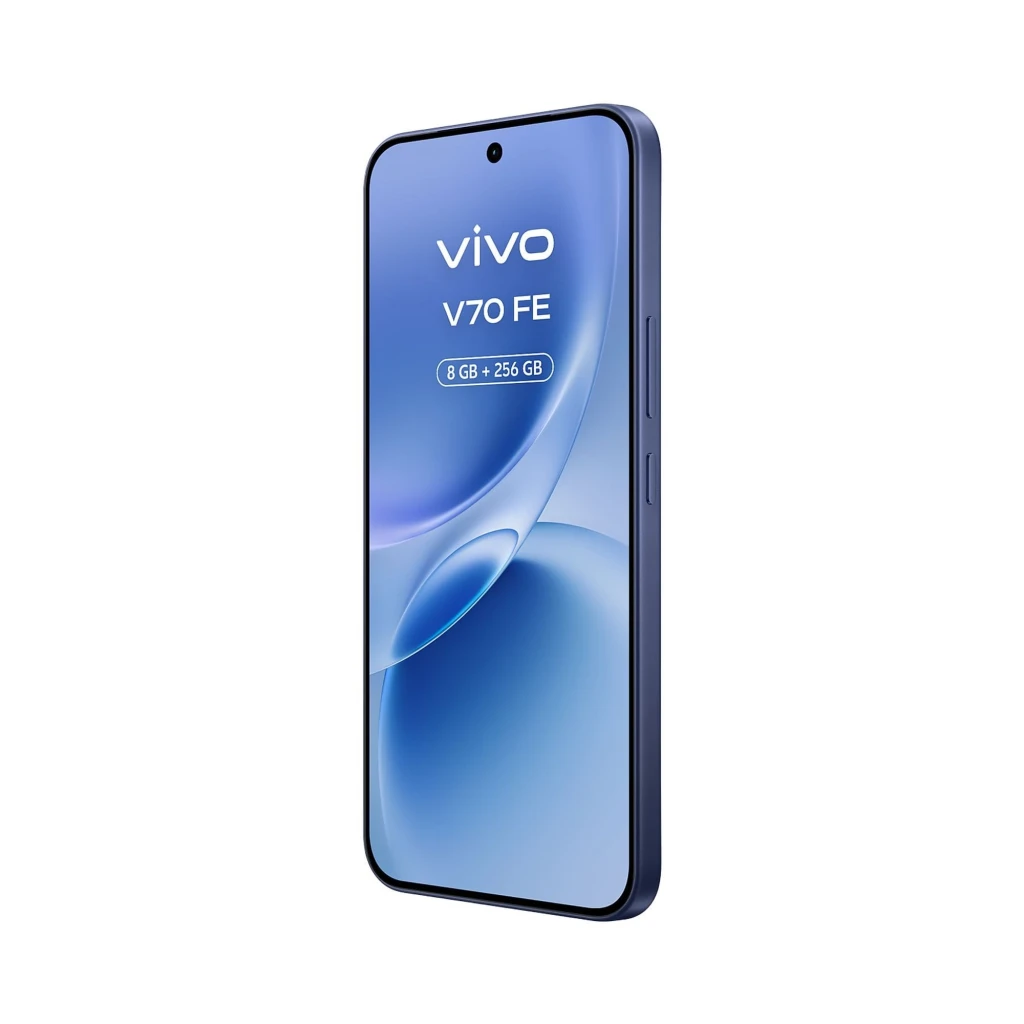 Smartphone Vivo V70 FE 5G azul con pantalla borde a borde y cámara frontal perforada; marco delgado, botones laterales y acabado metálico elegante