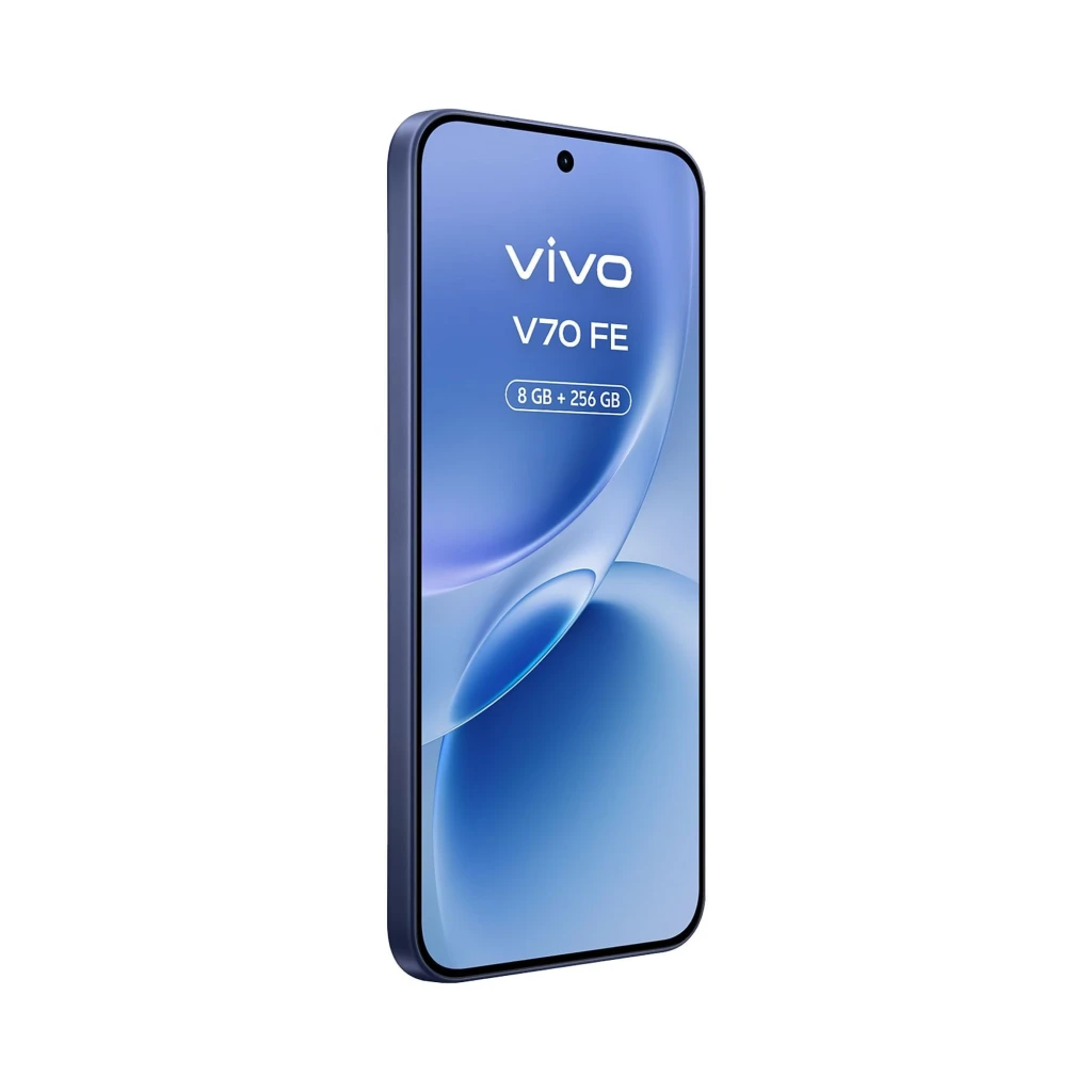 Smartphone Vivo V70 FE 5G azul con pantalla sin bordes, cámara frontal en orificio, cuerpo delgado y bordes rectos; 8 GB RAM y 256 GB visibles en pantalla