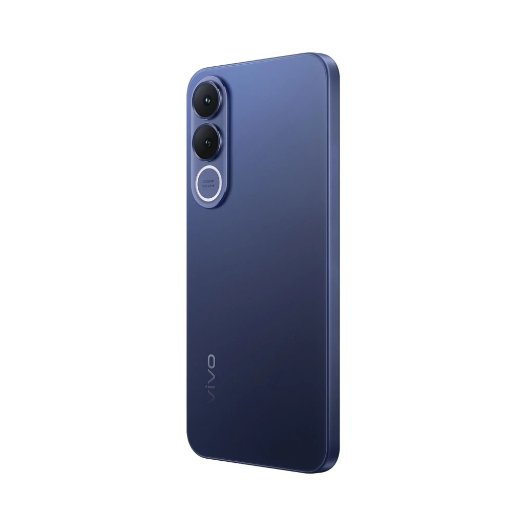 Smartphone azul Vivo V70 FE 5G con doble cámara trasera en módulo vertical y acabado mate elegante, diseño delgado con bordes curvos y logo lateral Vivo