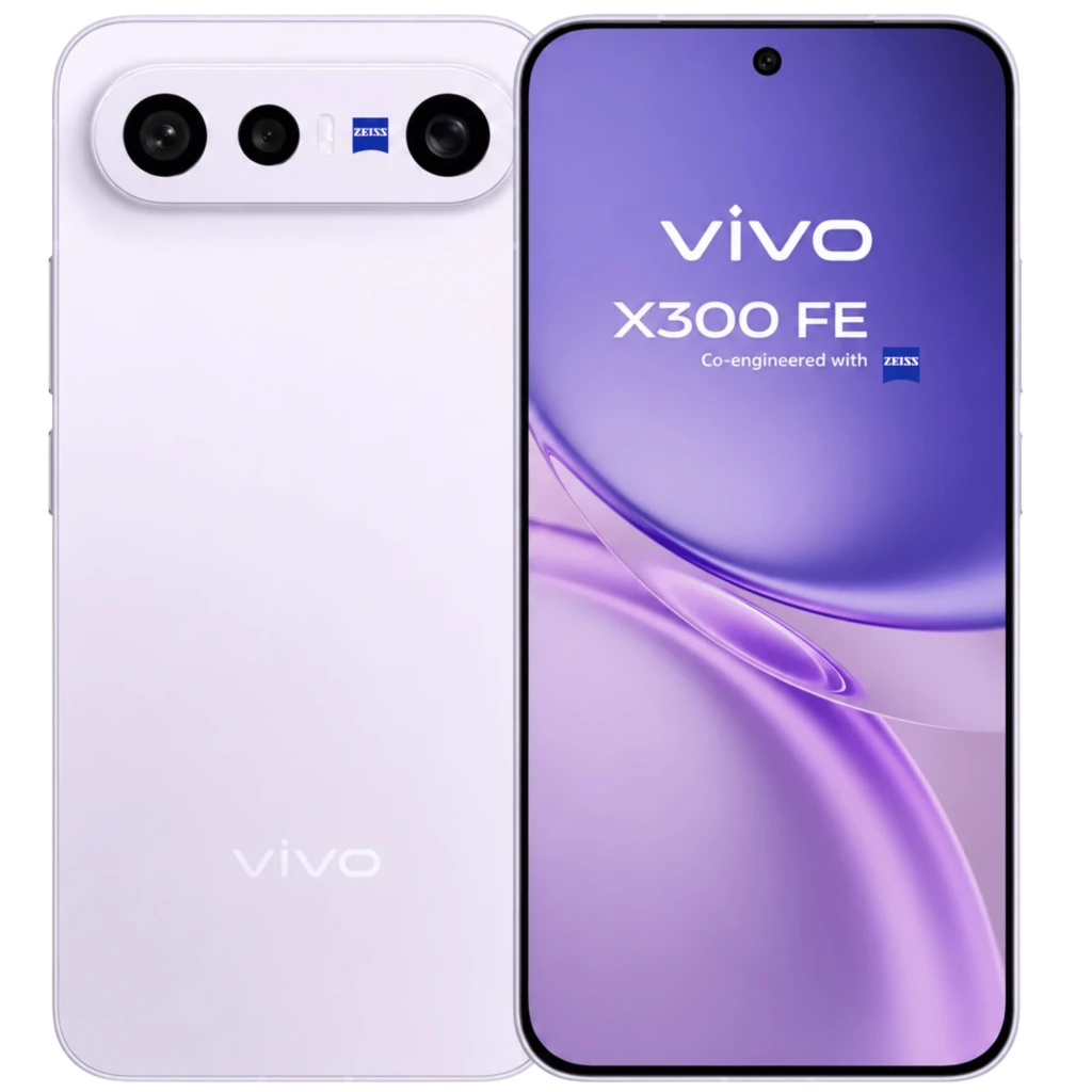 Vivo X300 FE 5G lila con pantalla amplia perforada, triple cámara trasera ZEISS en módulo horizontal, logo vivo al centro y acabado mate elegante