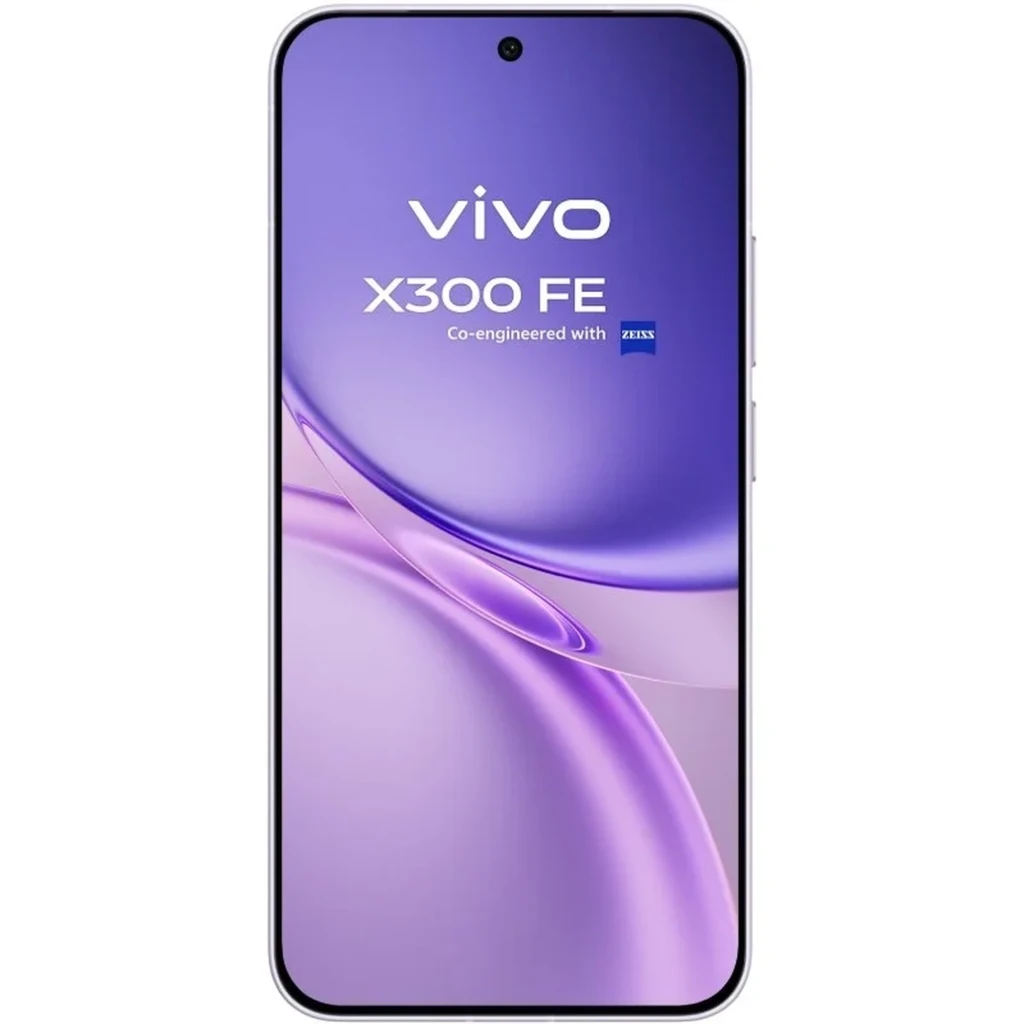 Vivo X300 FE 5G lila con pantalla completa perforada al centro, bordes delgados y frente minimalista; acabado púrpura brillante y logo vivo destacado